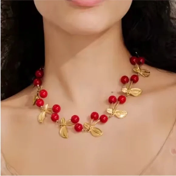 Cherry Design Gold and Red Beaded Stainless Steel Necklace - Picture 5 of 11